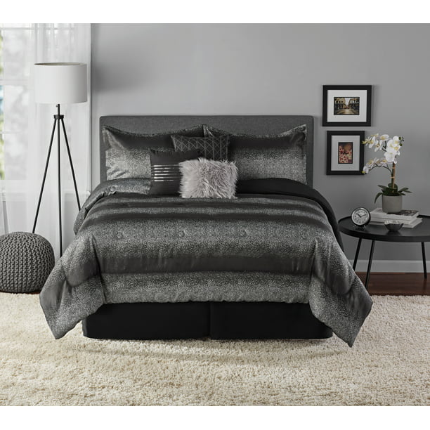 Luxury Stripe Full Size 8 Piece Black Grey and White Bedding Comforter  Set 